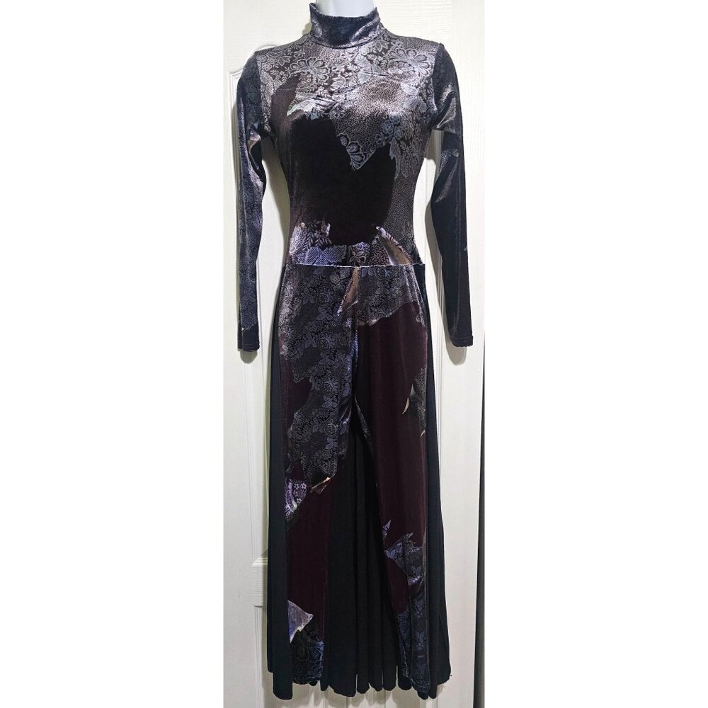 Floral Velvet Jumpsuit Mockneck Long Sleeve Catsuit Dress Performance Costume SM